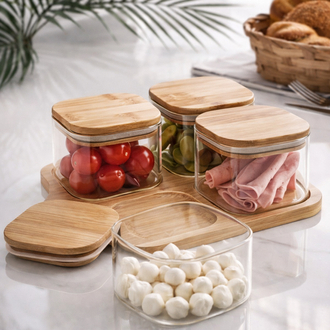 Mien M002 Bambu Kapaklı Cam Kahvaltılık 4 Lü