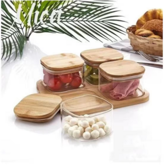 Mien M002 Bambu Kapaklı Cam Kahvaltılık 4 Lü