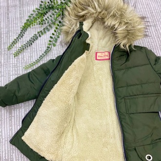 Haki Yeşil Kapşonlu Kürk Detaylı Unisex Çocuk Montu