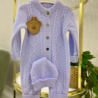 Şapkalı Düğme Detaylı Örgü Desen Triko Bebek Tulum