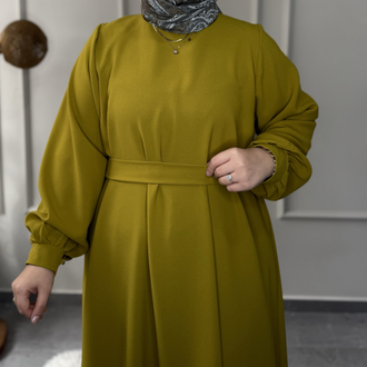 Büyük Beden Tesettüre Uyumlu Özel Dikim A Kesim Manşet Düğme Kol Detay Seyyar Kemerli Elbise