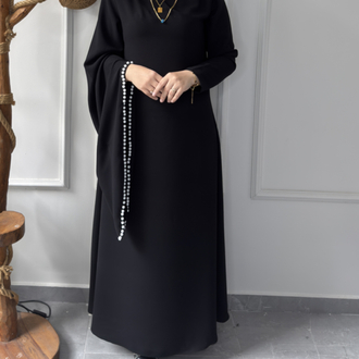 Büyük Beden Tesettüre Uyumlu Özel Dikim İnci Detaylı Abaya Kol Sima Model Elbise