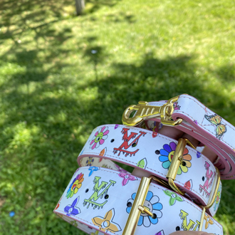 Flower Louis Vuitton Dog Collar-Leash Set. Desinger Dog Collar Set.