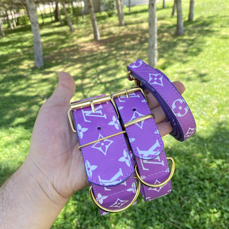 Purple Louis Vuitton Dog Collar-Leash Set. Desinger Dog Collar Set.