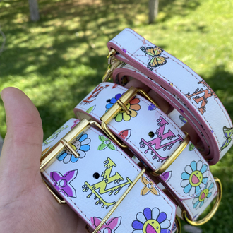Flower Louis Vuitton Dog Collar-Leash Set. Desinger Dog Collar Set.