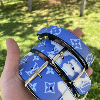 Blue Cloud Louis Vuitton Dog Collar-Leash Set. Desinger Dog Collar Set.