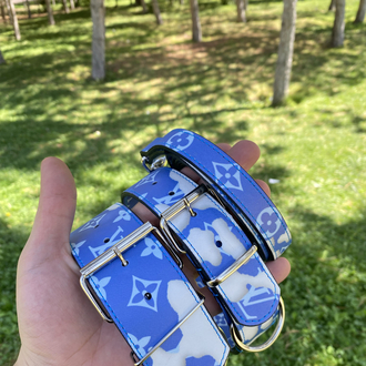 Blue Cloud Louis Vuitton Dog Collar-Leash Set. Desinger Dog Collar Set.