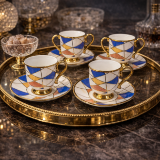 ✨ Geometrik Desenli Gold Detaylı Porselen Kahve Fincan Takımı ✨