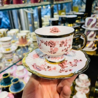 pembe çiçekli şık kahve takımı