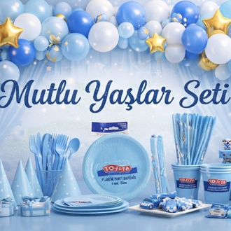 12 Kişilik Mavi Doğum Günü Parti Seti – Tabak Bardak Çatal Kaşık Full Set