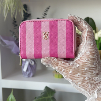 Pembe Çizgili Fermuarlı Mini Cüzdan / Kartlık
