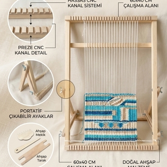 Premium Kanallı Ahşap Dokuma Tezgahı Seti (60x40 cm) – Büyük Boy