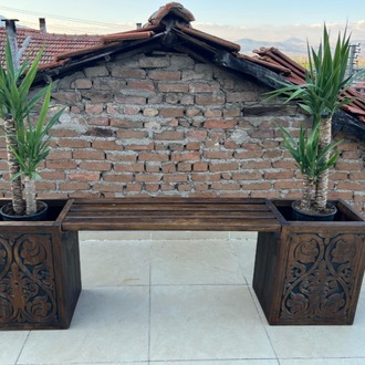 Ahşap Oyma Saksılıklı Bank