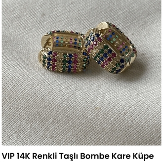 Xupink VIP 14K Renkli Taşlı Bombe Kare Küpe