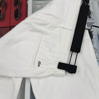 Timsah %100 Ham Keten Pantolon Beyaz TonaTon Logo Detaylı