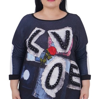 Büyük Beden Çiçek Nakışlı Love Nakışlı Kışlık Oversize Bluz