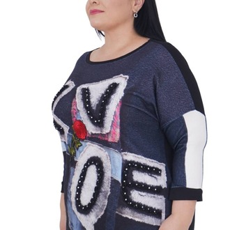 Büyük Beden Çiçek Nakışlı Love Nakışlı Kışlık Oversize Bluz
