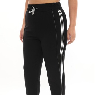 Büyük Beden Kadın Beyaz Şeritli Fermuarlı Dar Paça Jogger Pantolon