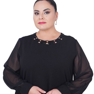 Kadın Büyük Beden Delikli Nakışlı Tül Detaylı Uzun Elbise Ekstra Battal 