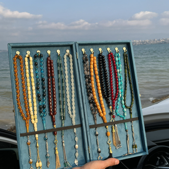 10’lu kadife kutu +10 adet kehribar tesbih seti 