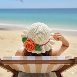 Krem, fırfır kenarlı gül detaylı şapka