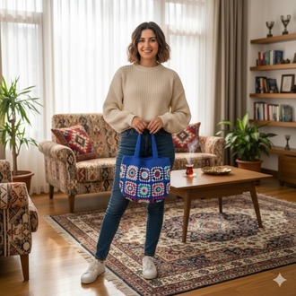 Mavi örgü çanta, astarlı