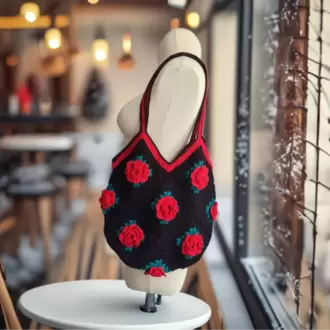 3D Kabartma gül motifli çanta, astarlı sipariş üzere örülür