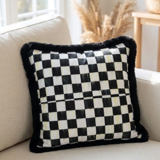 Siyah Püsküllü, Dama Desen 43x43 cm Kırlent Kılıfı