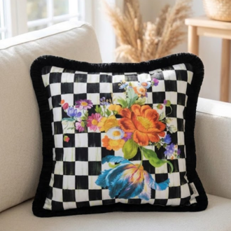 Siyah Püsküllü, Çiçekli Dama Desen 43x43 cm Kare Kırlent Kılıfı