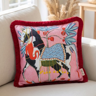 Pembe At Desenli Dekoratif 43x43cm Kare Kırlent Kılıfı