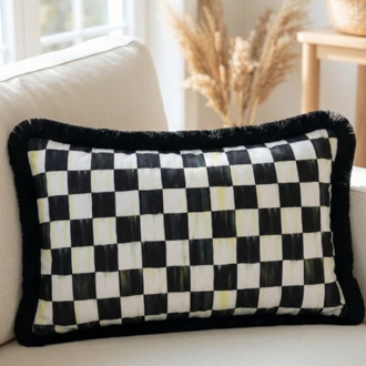 Siyah Püsküllü, Dama Desen 30x50cm Dikdörtgen Kırlent Kılıfı