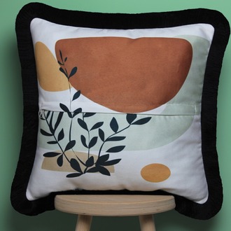 Siyah Püsküllü, Soft Ethnic 01 Desen, 43x43cm Kare Kırlent Kılıfı