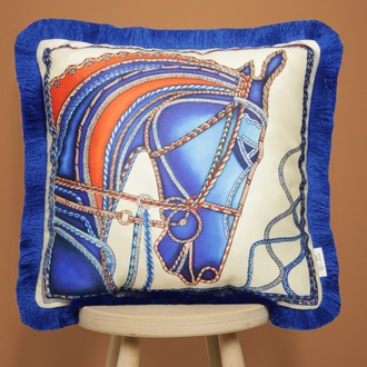 Saks Püsküllü, Blue Horse Theme Desen 43x43cm Kare Kırlent Kılıfı