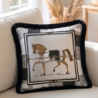 Siyah Beyaz Çizgili At Desen 43x43 cm Kırlent Kılıfı