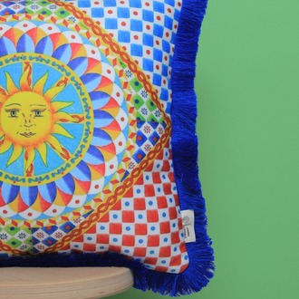 Saks Püsküllü, Güneş Desen 43x43cm Kare Kırlent Kılıfı