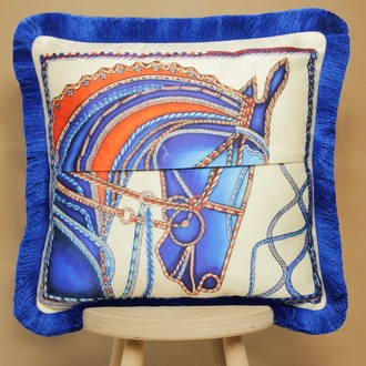 Saks Püsküllü, Blue Horse Theme Desen 43x43cm Kare Kırlent Kılıfı