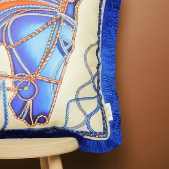 Saks Püsküllü, Blue Horse Theme Desen 43x43cm Kare Kırlent Kılıfı