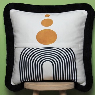 Siyah Püsküllü, Soft Ethnic 02 Desen, 43x43cm Kare Kırlent Kılıfı