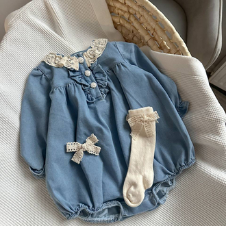 Denim salopet toka çorap set