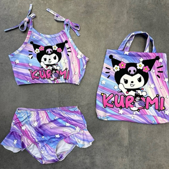 Kız çocuk Kuromi yıldızlı çantalı üç parça mayo bikini takımı