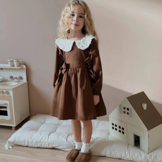 kız çocuk bebe yaka gül detay keten astarlı elbise 