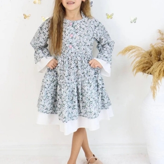 kız çocuk çiçek desenli düğmeli cotton dokuma elbise
