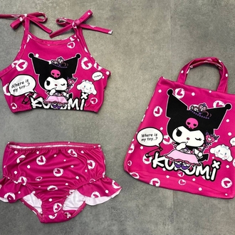 Kız Çocuk Kuromi Çantalı Üç Parça Mayo Bikini Yazlık 