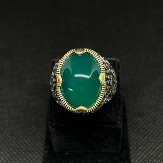 Oval Yeşil Taşlı 925 Ayar Gümüş Erkek Yüzük