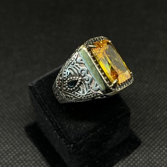 Gümüş Yüzük – Amber (Kehribar Tonu) Uzun Dikdörtgen Kesim Taşlı
