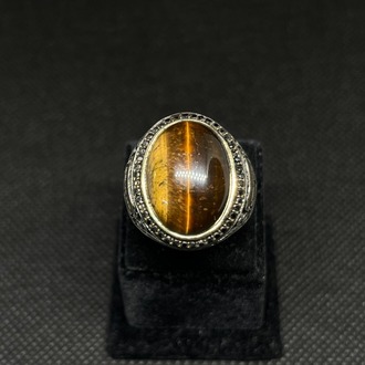925 Ayar Gümüş Yüzük – Kaplan Gözü (Tiger Eye) Taşlı, Bronz Detaylı