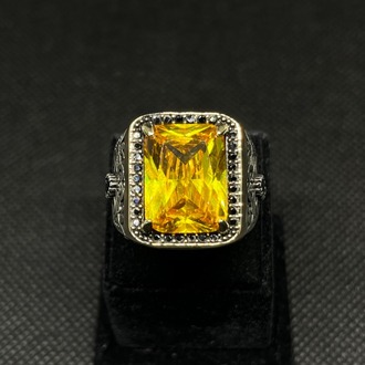 Gümüş Yüzük – Amber (Kehribar Tonu) Uzun Dikdörtgen Kesim Taşlı