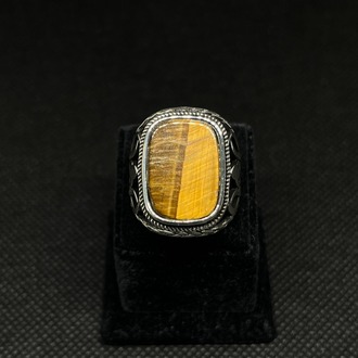 Erkek Gümüş Kaplan Gözü (Tiger Eye) Taşlı Alev Desenli Yüzük
