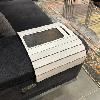 Beyaz Telefon Tutuculu Ahşap Katlanır Portatif  Organizer Yan Sehpa Kaydırmaz Deri Yüzeyli
