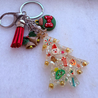 Yılbaşı Ağacı Gümüş Glitterli Epoksi Anahtarlık